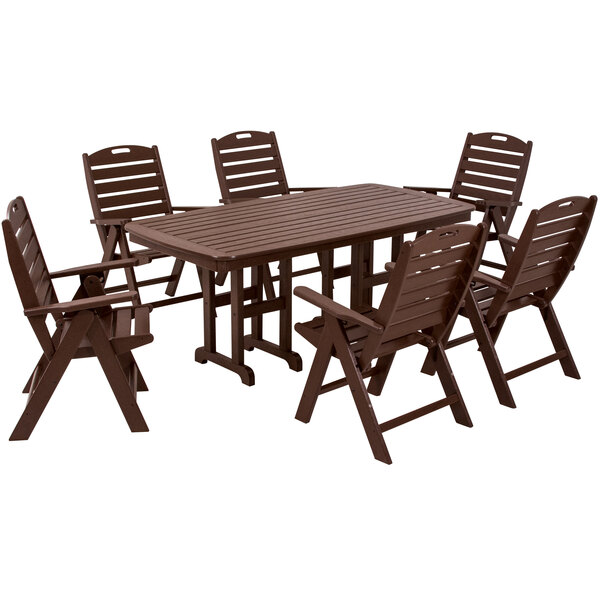 A POLYWOOD mahogany wooden dining set with a table and six folding chairs on an outdoor patio.