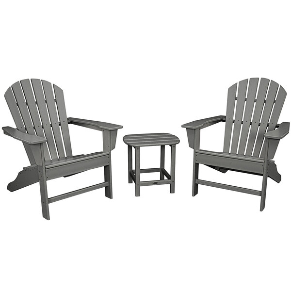 A POLYWOOD slate grey patio set with 2 Adirondack chairs and a side table.