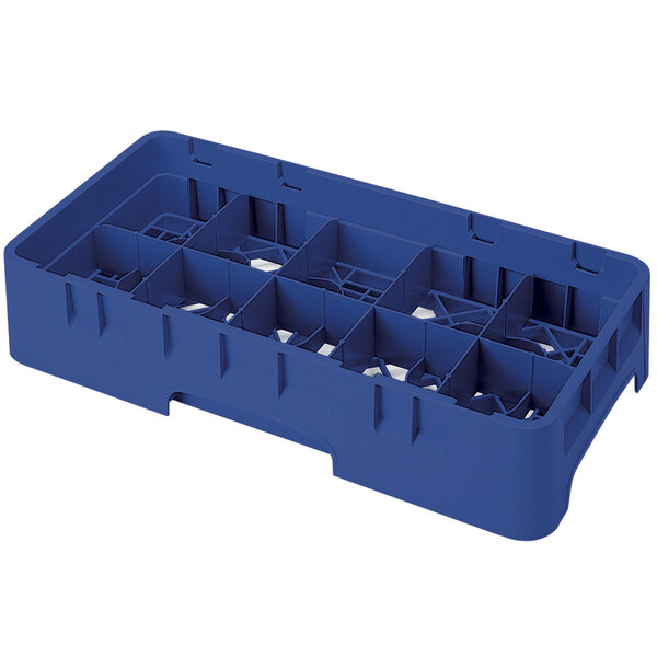 A navy blue plastic Cambro glass rack with 10 compartments and 6 extenders.