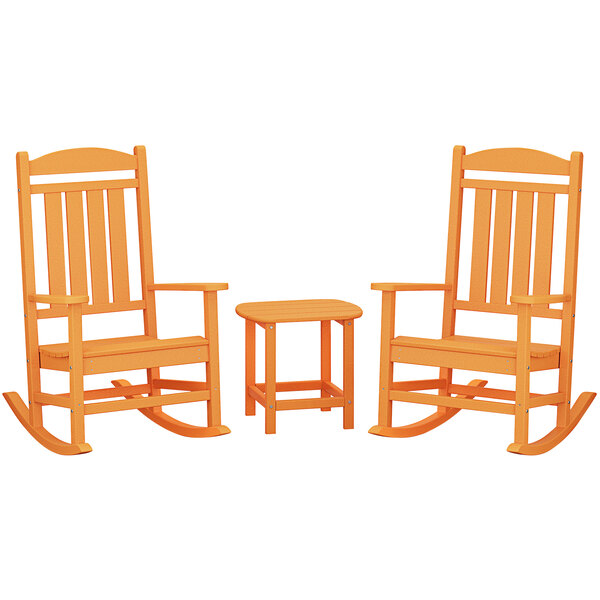 An orange POLYWOOD rocking chair and table set on an outdoor patio.