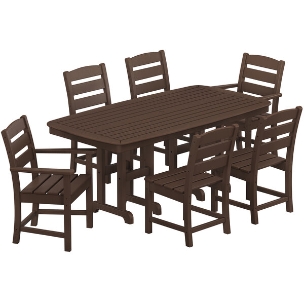 A POLYWOOD mahogany dining table and chairs set on an outdoor patio.