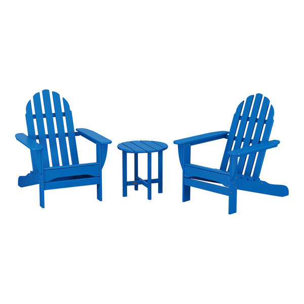 POLYWOOD Classic Pacific Blue Patio Set with Adirondack Chairs and Round Side Table