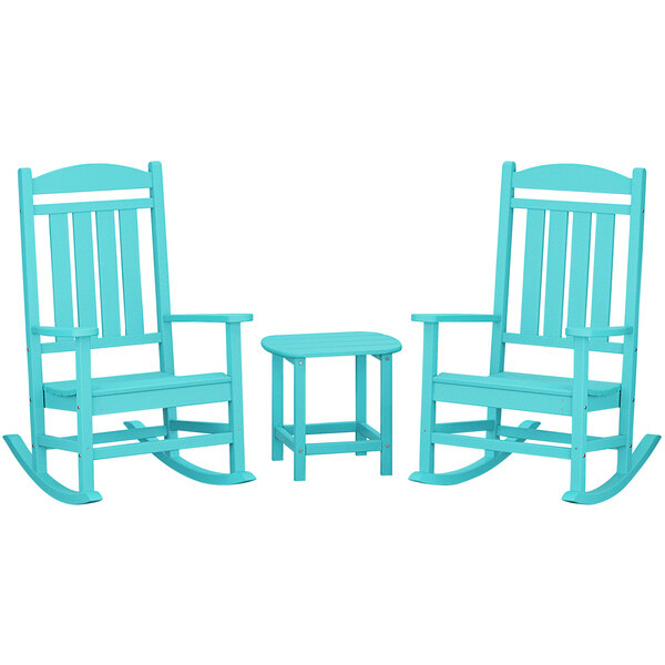 Two blue POLYWOOD rocking chairs and a blue table.