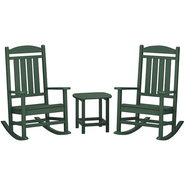 A green POLYWOOD Presidential patio set with rocking chairs and a table.