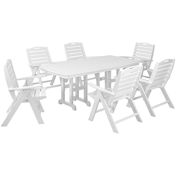 A white POLYWOOD table and chairs set with six folding chairs.