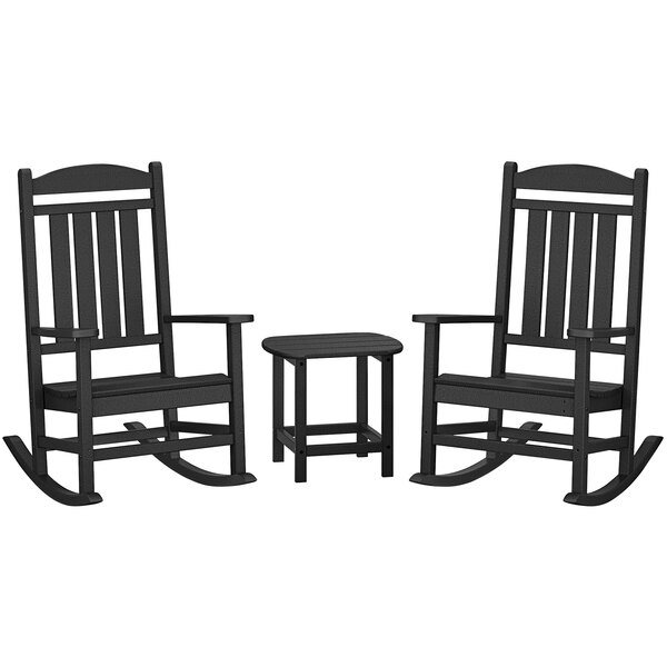 A POLYWOOD black rocking chair and table set.