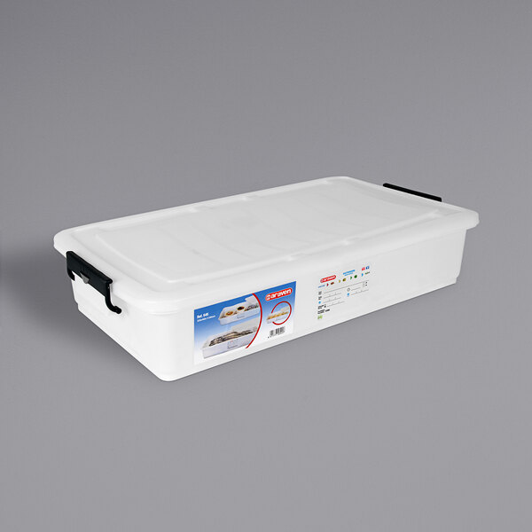 An Araven white plastic food box with a snap-on lid.
