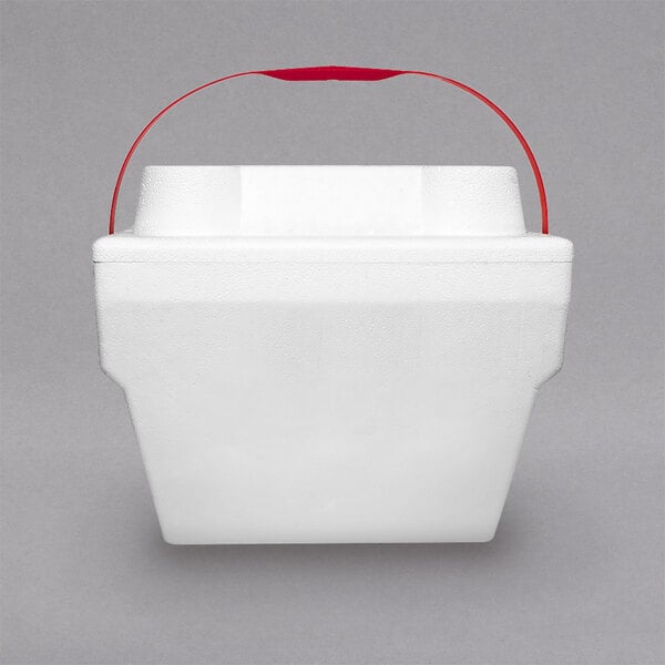 A white Lifoam foam cooler with a red handle.