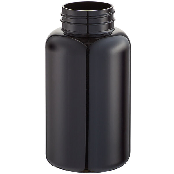 A dark amber packer bottle with a black lid on a white background.