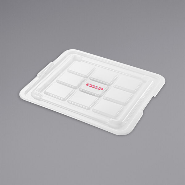 A white Araven plastic lid for a food storage container.