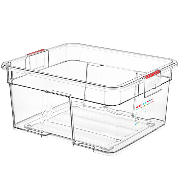 An Araven clear plastic food box with red handles.