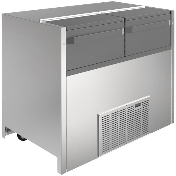 A Delfield stainless steel beverage cooler with an air vent.