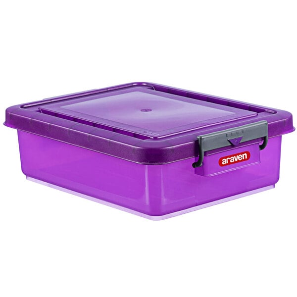 A purple Araven plastic food box with a snap-on lid.