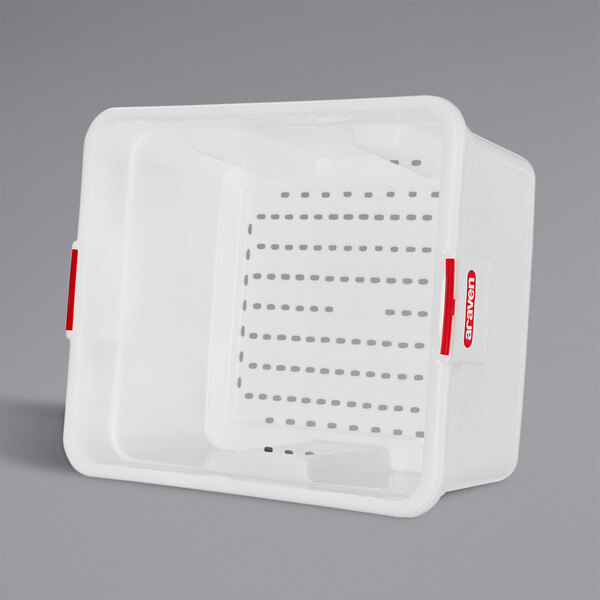 A white plastic Araven food drain box with red handles.