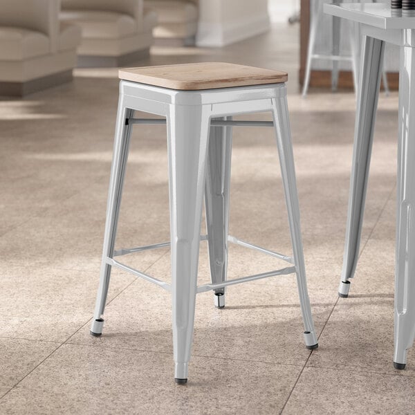 Lancaster Table & Seating Alloy Series Silver Indoor Backless Counter Height Stool with Gray Wood Seat