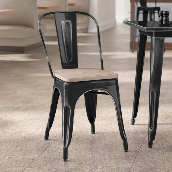 Lancaster Table & Seating Alloy Series Distressed Black Indoor Cafe Chair with Gray Wood Seat