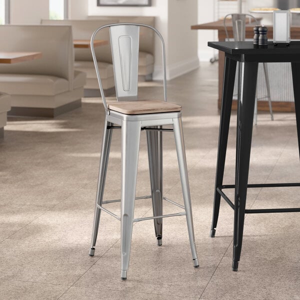 Lancaster Table & Seating Alloy Series Clear Coat Indoor Cafe Barstool with Gray Wood Seat