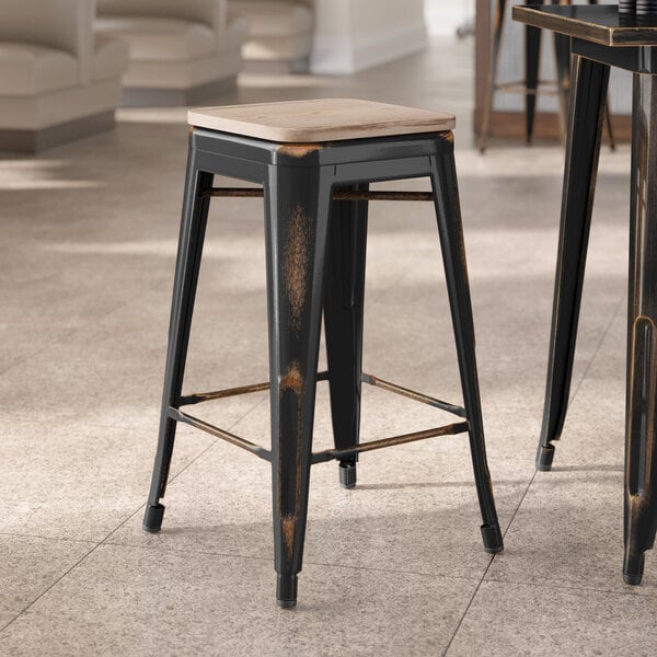 Lancaster Table & Seating Alloy Series Distressed Copper Indoor Backless Counter Height Stool with Gray Wood Seat