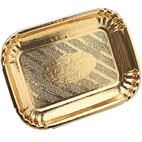 A gold Novacart rectangular pastry tray with a pattern on it.