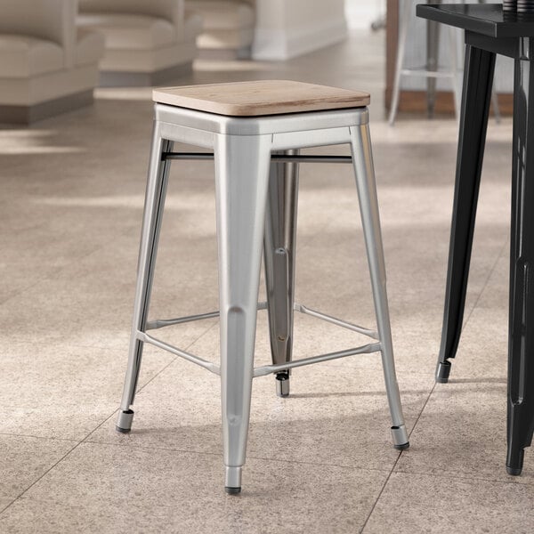 Lancaster Table & Seating Alloy Series Clear Coat Indoor Backless Counter Height Stool with Gray Wood Seat