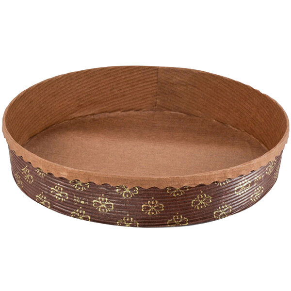 A brown circular Novacart kraft paper baking mold with gold designs.