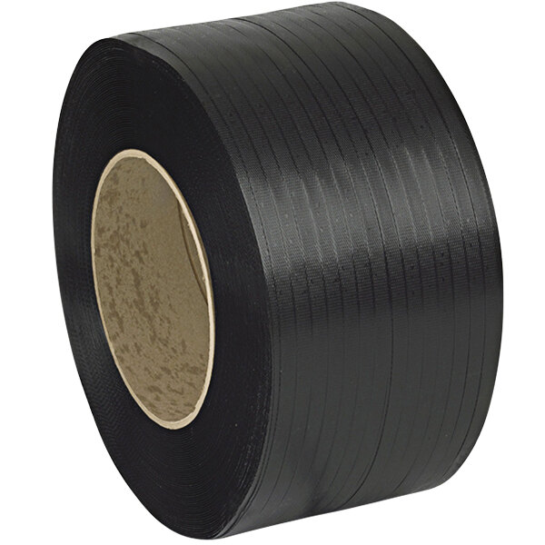 A roll of black PAC Strapping Coils with a white background.