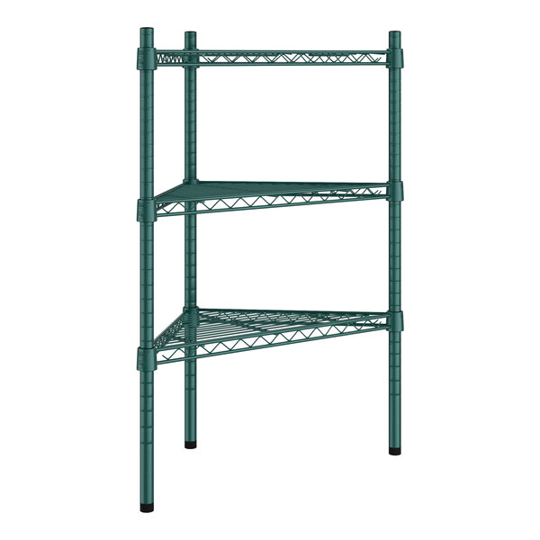 A green metal Regency wire shelving unit with three shelves.