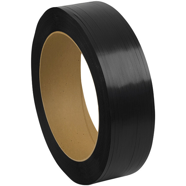 A roll of black PAC Strapping polypropylene strapping with a black edge.