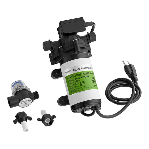 A black and white electric water pump with a power cord, accompanied by a strainer and two hose fittings, all displayed on a white background.