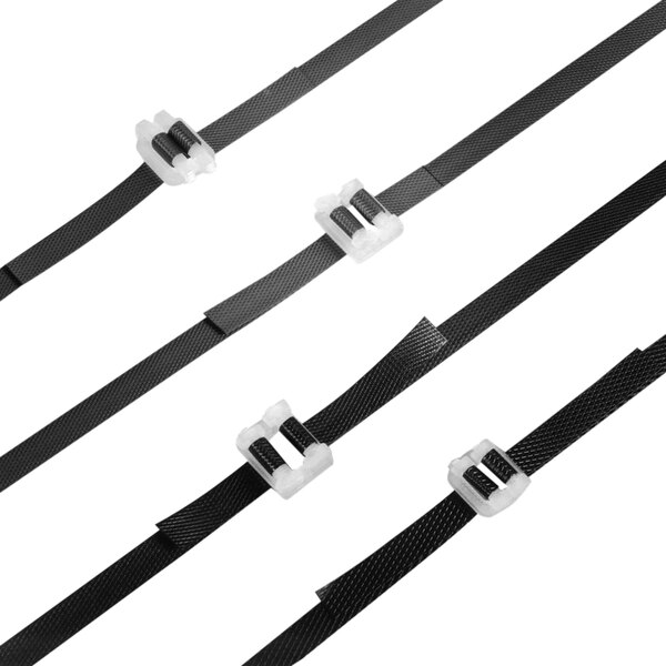 Three black straps with white plastic buckles.