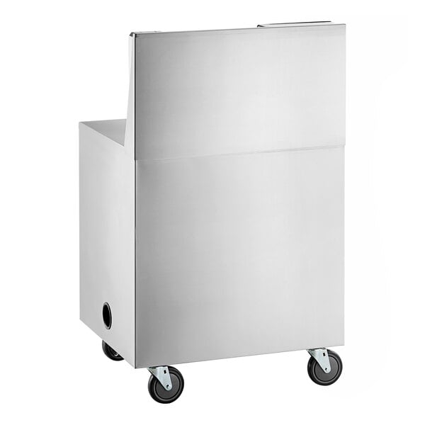 A stainless steel cart with four wheels and a rectangular structure, featuring a partially enclosed top section.