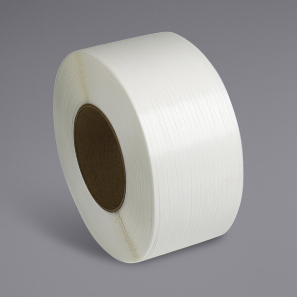 A white roll of PAC Strapping polypropylene strapping tape with a circular core.