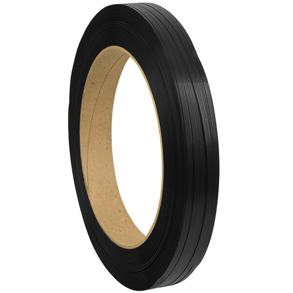 A roll of black PAC Strapping Products polypropylene strapping tape with a black circle in the center.