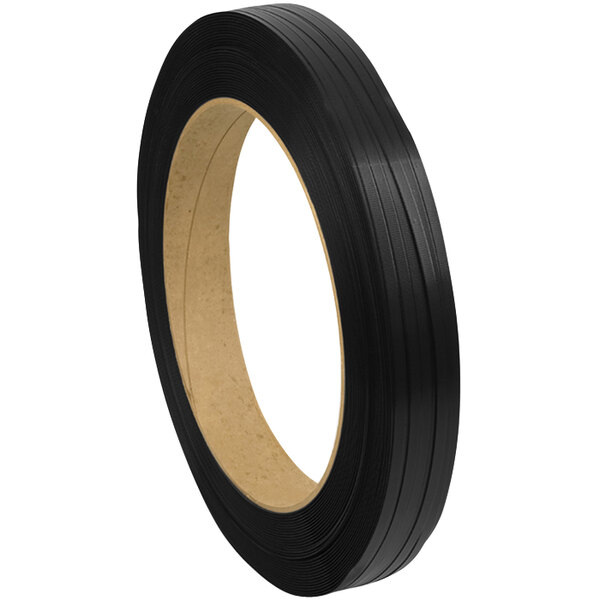 A roll of black PAC Strapping Products polypropylene strapping with a black and white label.