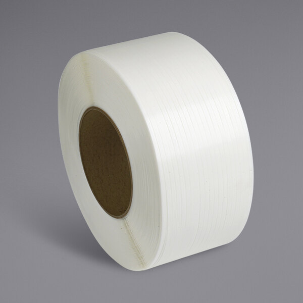 A roll of white plastic strapping with a circular core.