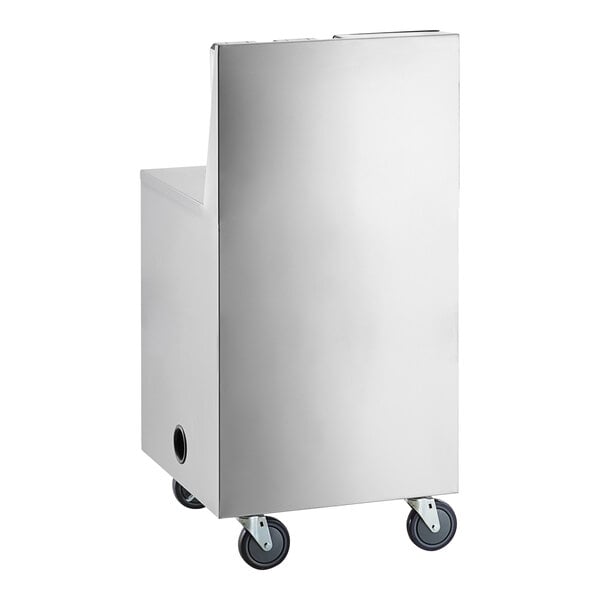 A stainless steel cart with a flat back, four caster wheels, and a circular opening on one side.