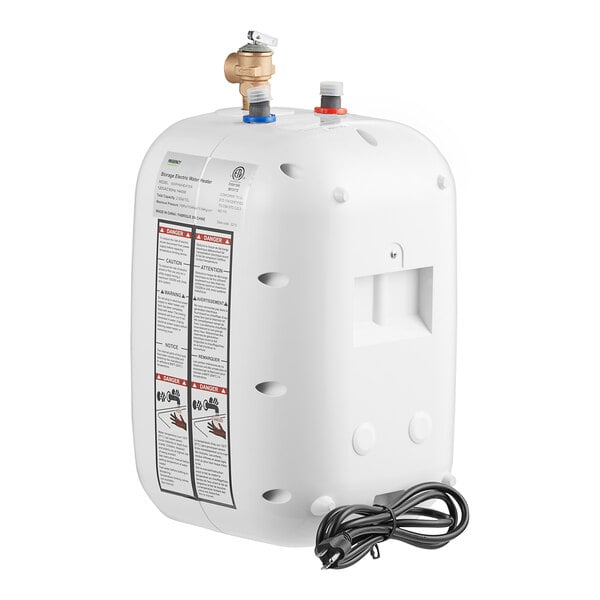 A compact white electric water heater with a power cord, labeled instructions, and two pipe connections on top.