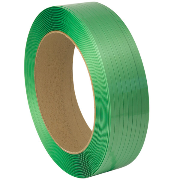 A roll of green PAC Strapping Products polyester strapping tape with a green core.