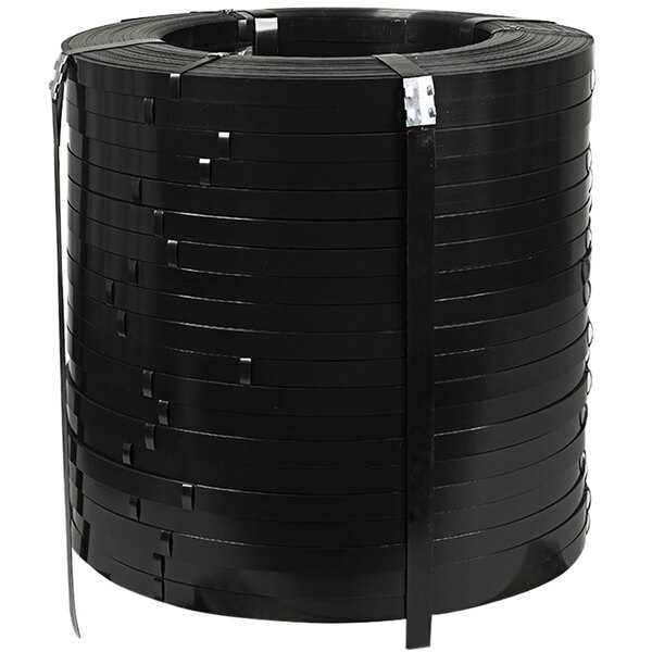 A large coil of steel strapping with black painted steel bands.