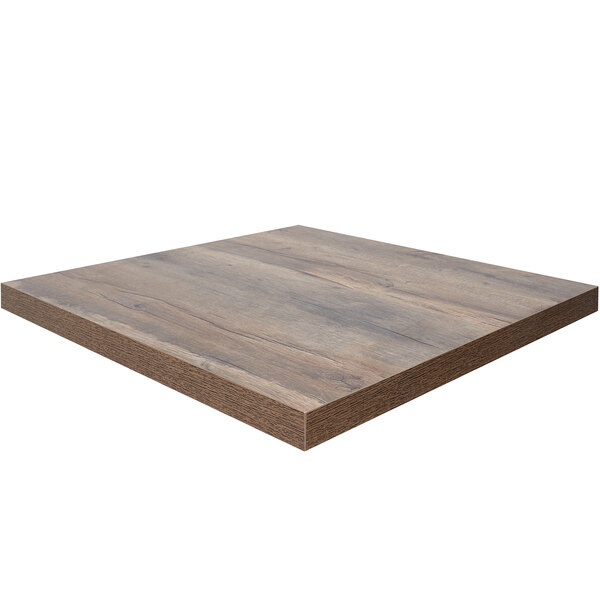 A BFM Seating knotty pine square table top with a dark brown finish.