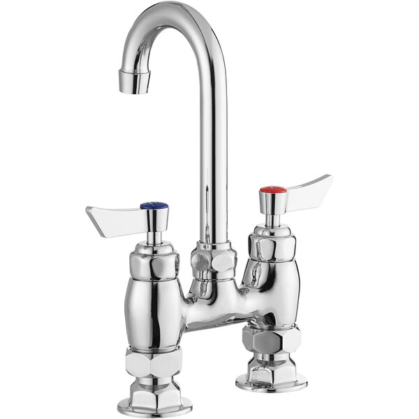 A silver Waterloo deck mount faucet with red handles.
