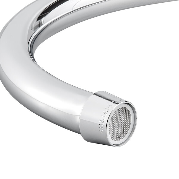 A close up of a chrome Waterloo deck mount faucet with a gooseneck spout.