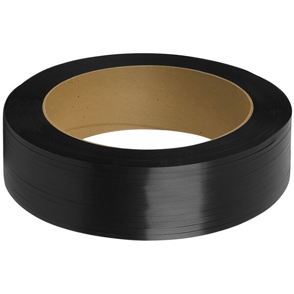 A roll of black PAC Strapping polyester strapping tape with a black edge.