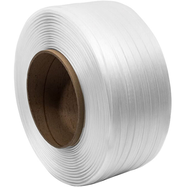 A roll of white and green woven polyester strapping cord with a hole in the paper core.