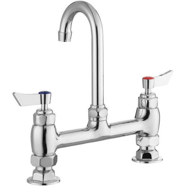 A chrome Waterloo deck-mount faucet with two silver handles with red and blue accents.