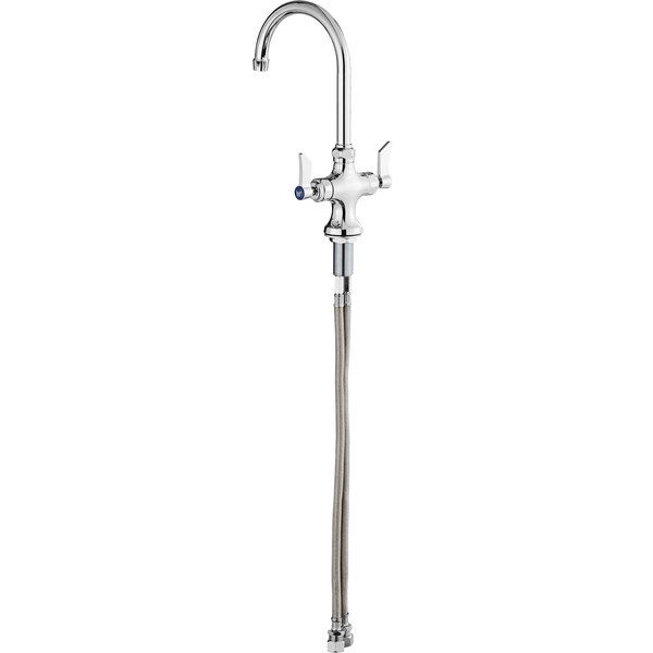 A silver Waterloo deck-mount faucet with gooseneck spout and supply hoses.