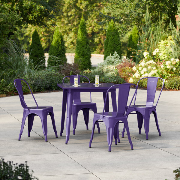 Lancaster Table & Seating Alloy Series 31 1/2" x 31 1/2" Purple Standard Height Outdoor Table with 4 Cafe Chairs