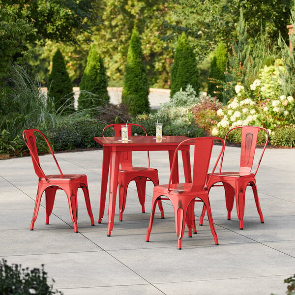 Lancaster Table & Seating Alloy Series 31 1/2" x 31 1/2" Distressed Ruby Red Standard Height Outdoor Table with 4 Cafe Chairs