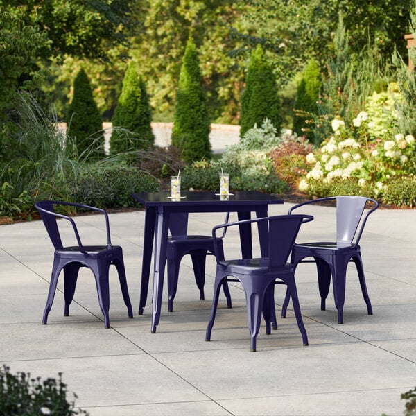 Lancaster Table & Seating Alloy Series 31 1/2" x 31 1/2" Navy Standard Height Outdoor Table with 4 Arm Chairs