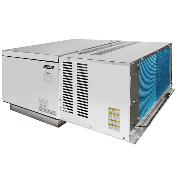 A white rectangular Turbo Air walk-in cooler refrigeration unit with a blue vent.